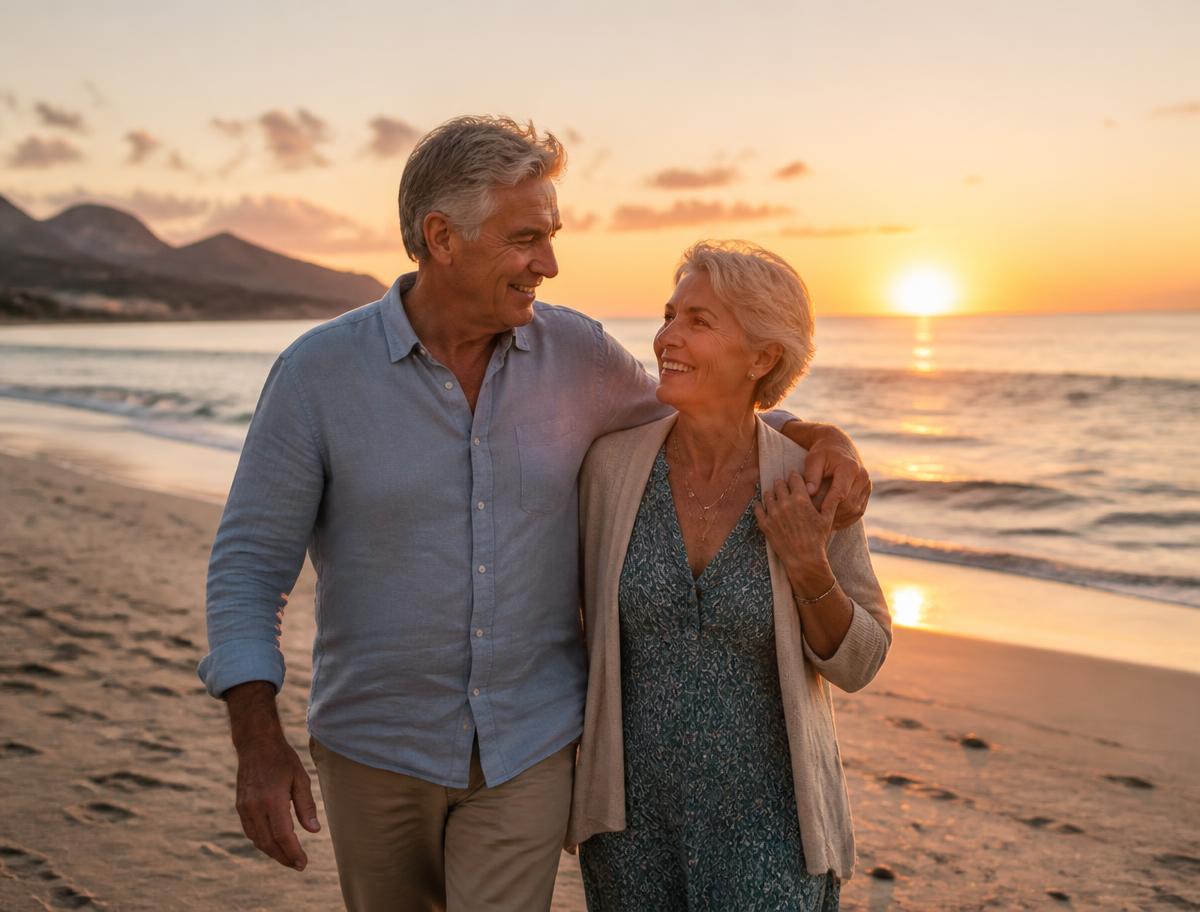 Casal acima de 60 anos caminhando feliz na praia ao pôr do sol